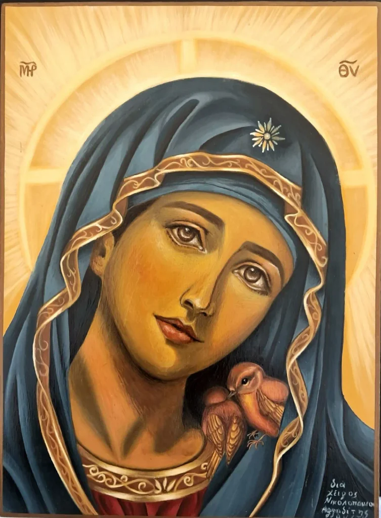 Completed hand-painted Christian icon “The Virgin Mary with the Sparrows”